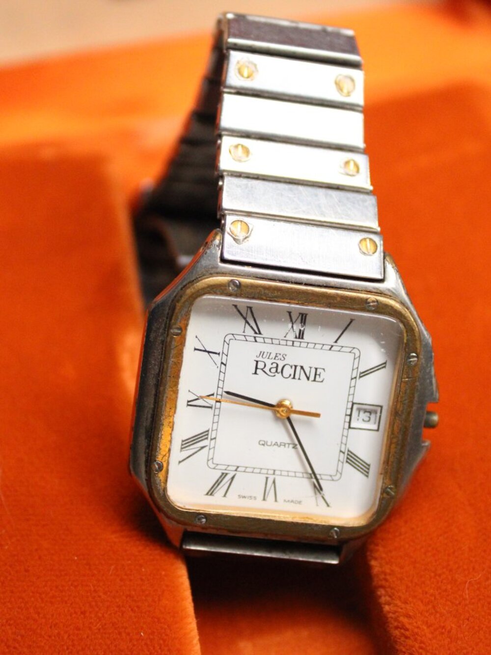 Jules Racine Quartz Watch Swiss Made Two Tone Rectangular Date Original Box - Picture 4 of 7